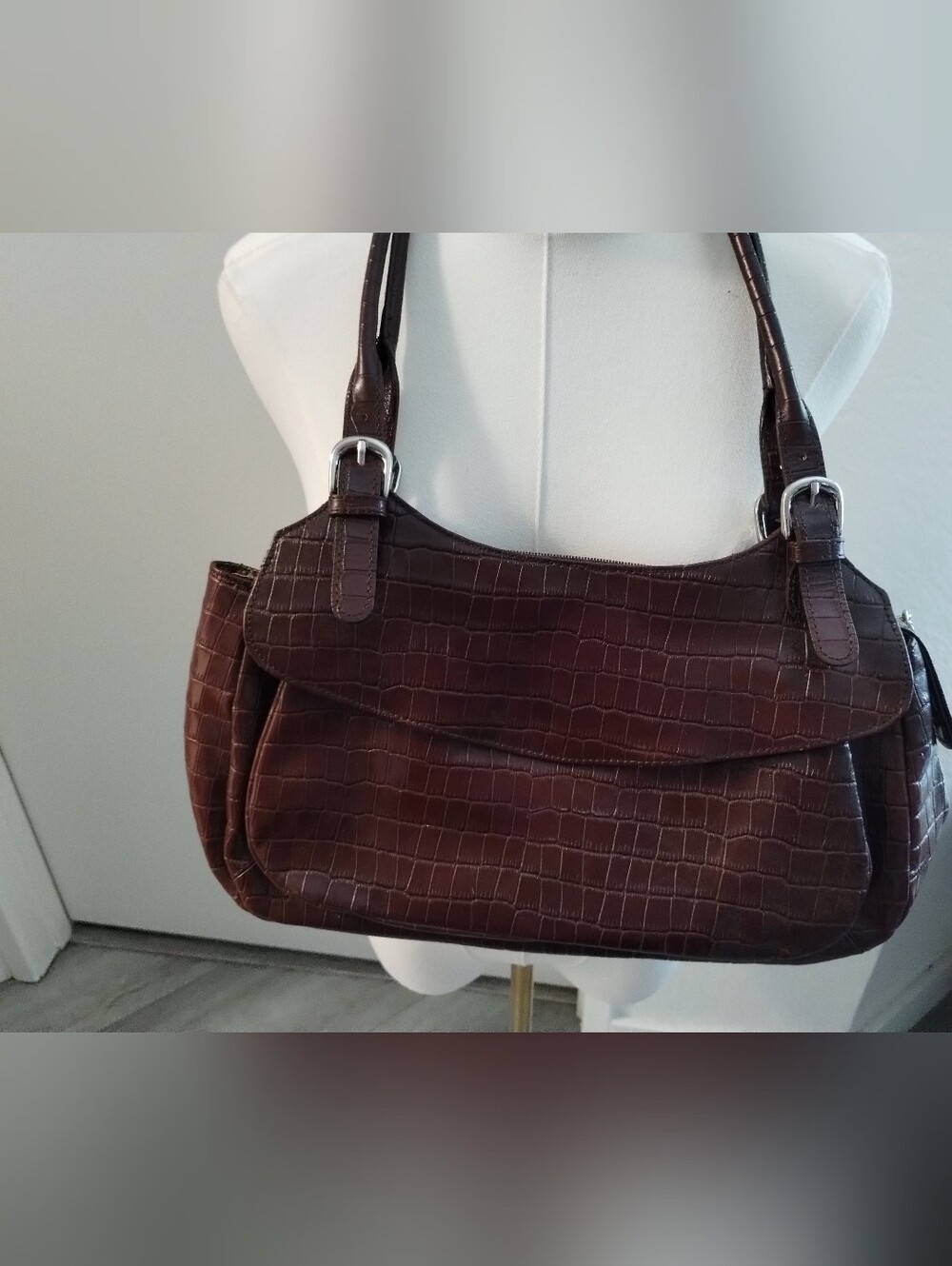Maxx New York Brown Croc-Embossed Shoulder Bag